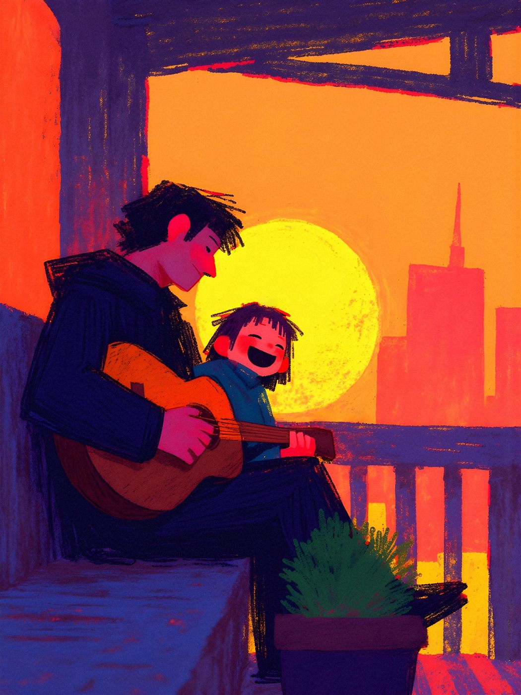 Ayah dan anak bermain gitar